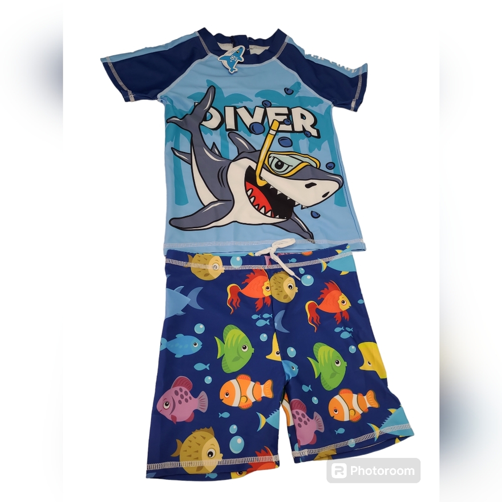 Kids Two Piece Cartoon Shark Print Short Sleeve Swimsuits UV Rash Guard Size 14